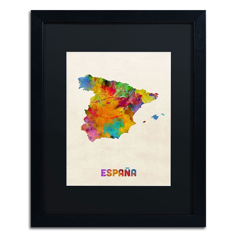 Trademark Michael Tompsett "Spain Watercolor Map" Art, Black Matte W/Black Frame, 16" x 20" image 1