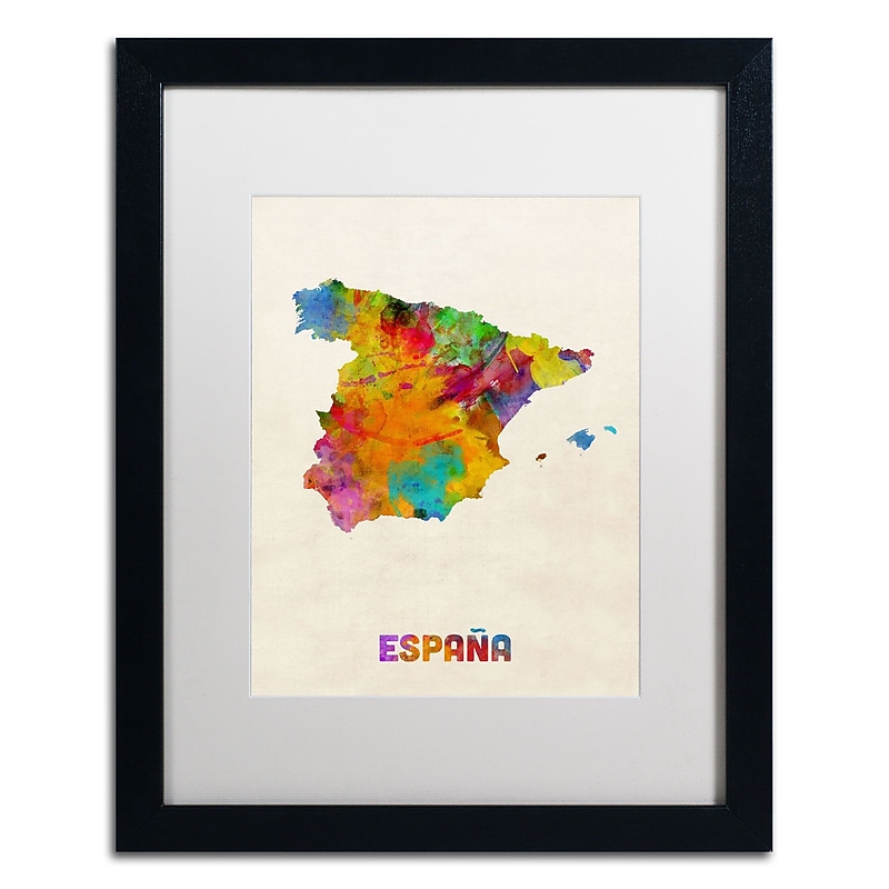 Trademark Michael Tompsett "Spain Watercolor Map" Art, White Matte W/Black Frame, 16" x 20" image 1