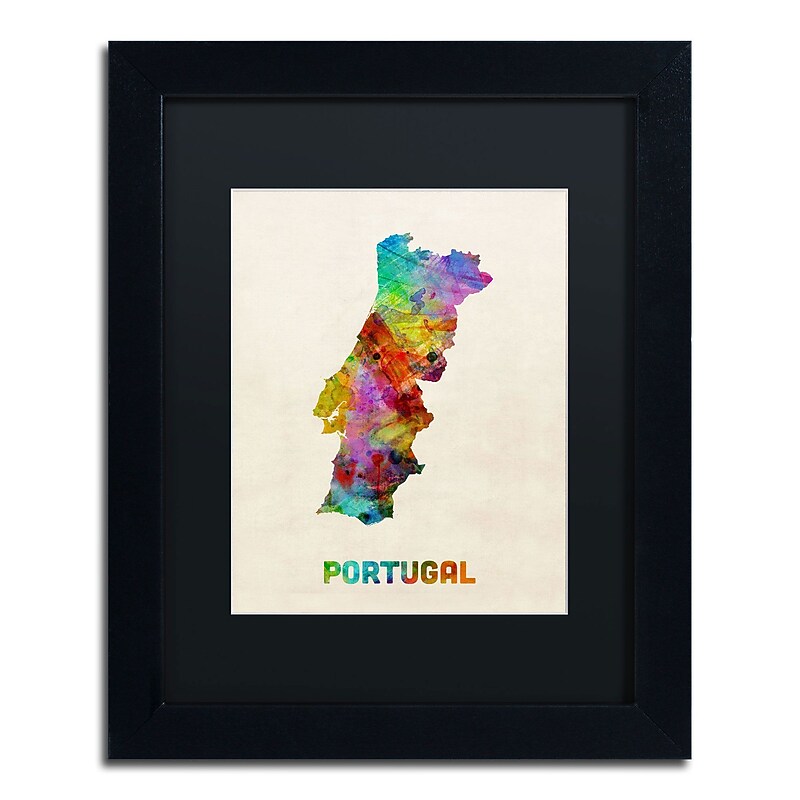Trademark Michael Tompsett "Portugal Watercolor Map" Art, Black Matte W/Black Frame, 11" x 14" image 1