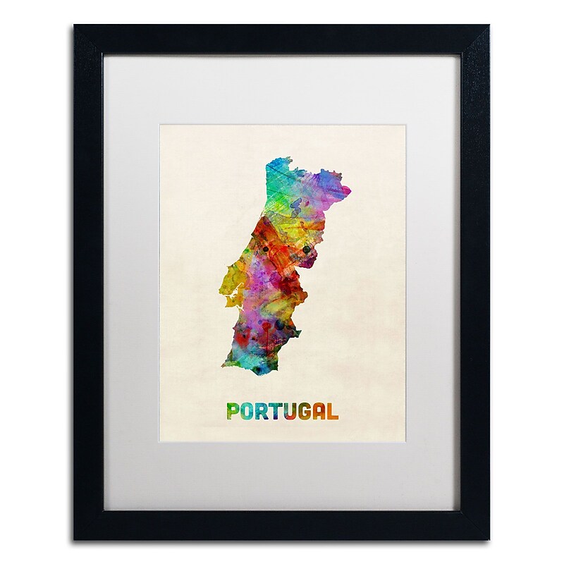 Trademark Michael Tompsett "Portugal Watercolor Map" Art, White Matte W/Black Frame, 16" x 20" image 1