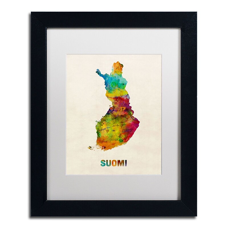 Trademark Michael Tompsett "Finland Watercolor Map.." Art, White Matte W/Black Frame, 11" x 14" image 1