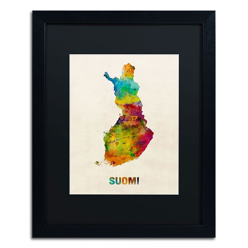 Trademark Michael Tompsett "Finland Watercolor Map.." Art, Black Matte W/Black Frame, 16" x 20" image 1