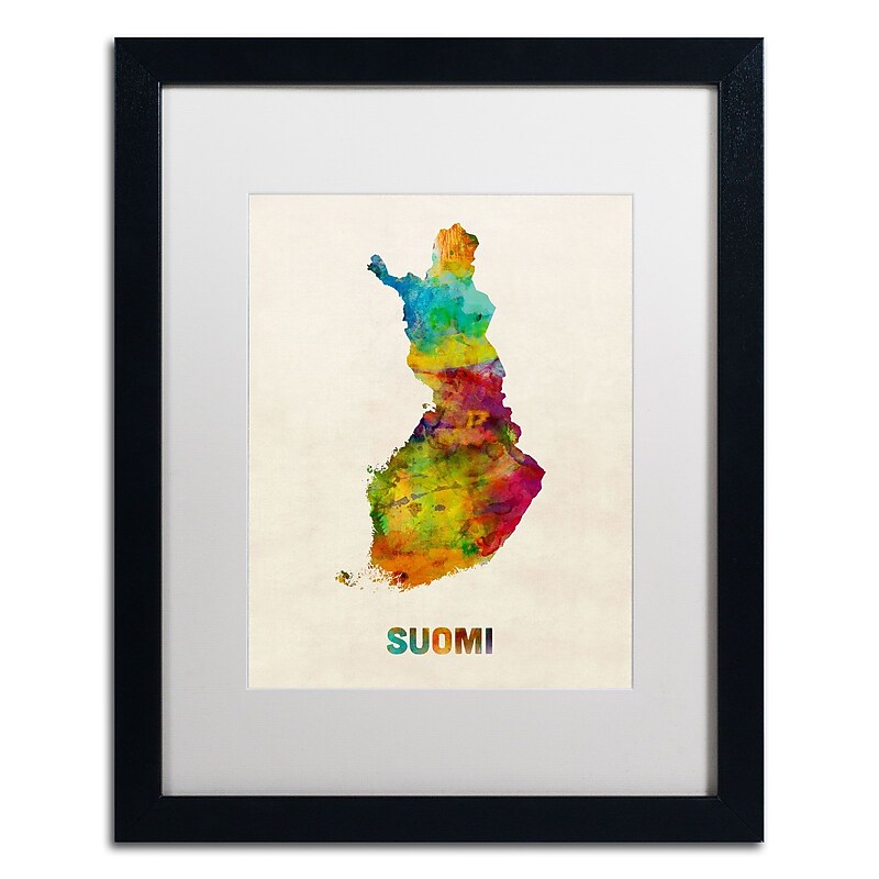 Trademark Michael Tompsett "Finland Watercolor Map.." Art, White Matte W/Black Frame, 16" x 20" image 1