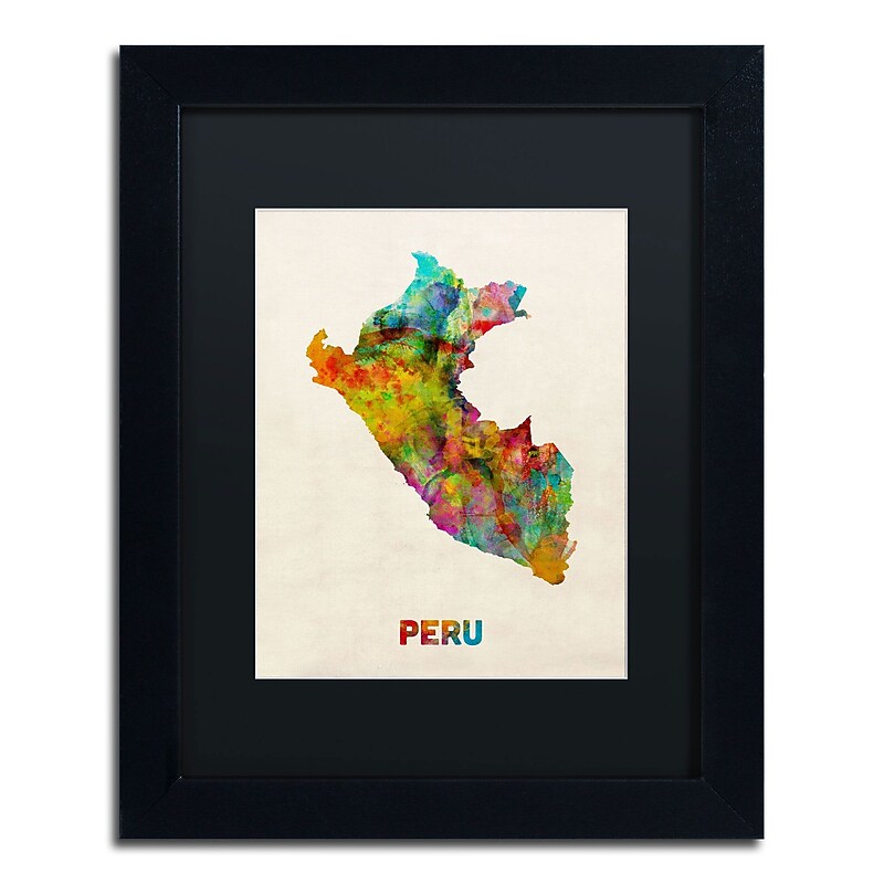 Trademark Michael Tompsett "Peru Watercolor Map" Art, Black Matte W/Black Frame, 11" x 14" image 1