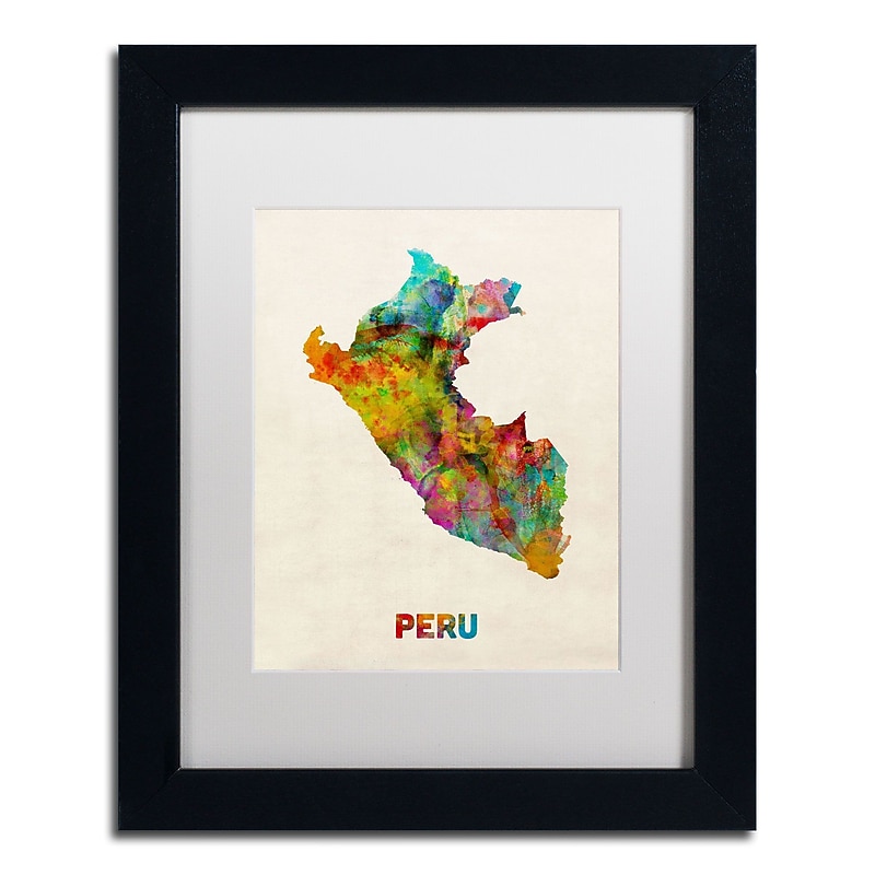 Trademark Michael Tompsett "Peru Watercolor Map" Art, White Matte W/Black Frame, 11" x 14" image 1