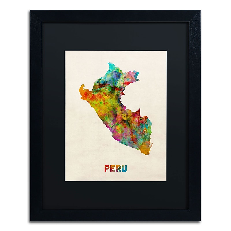 Trademark Michael Tompsett "Peru Watercolor Map" Art, Black Matte W/Black Frame, 16" x 20" image 1