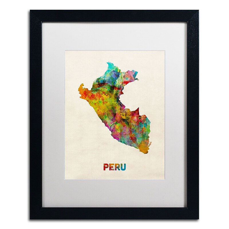 Trademark Michael Tompsett "Peru Watercolor Map" Art, White Matte W/Black Frame, 16" x 20" image 1