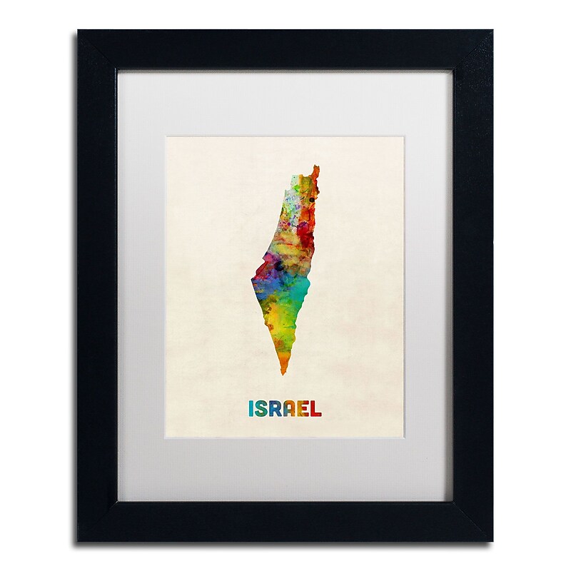 Trademark Michael Tompsett "Israel Watercolor Map" Art, White Matte W/Black Frame, 11" x 14" image 1