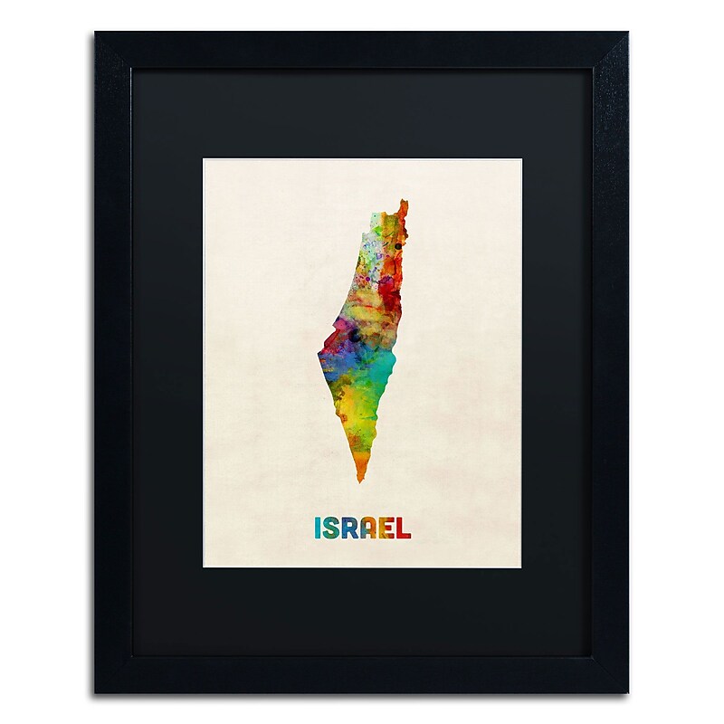 Trademark Michael Tompsett "Israel Watercolor Map" Art, Black Matte W/Black Frame, 16" x 20" image 1