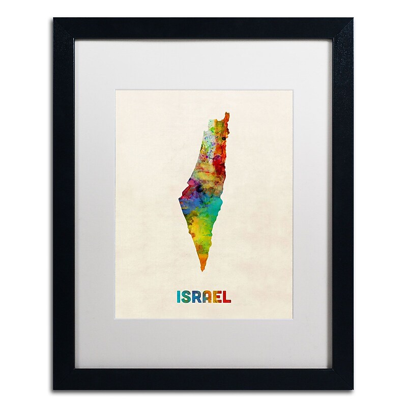 Trademark Michael Tompsett "Israel Watercolor Map" Art, White Matte W/Black Frame, 16" x 20" image 1