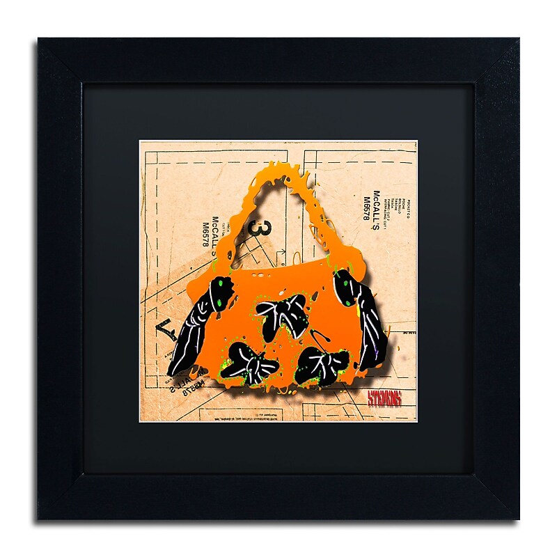 Trademark Roderick Stevens "Bow Purse Black on Orange" Art, Black Matte With Black Frame, 11" x 11" image 1