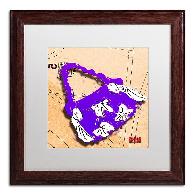 Trademark Roderick Stevens "Bow Purse White on Purple" Art, White Matte With Wood Frame, 16" x 16" image 1