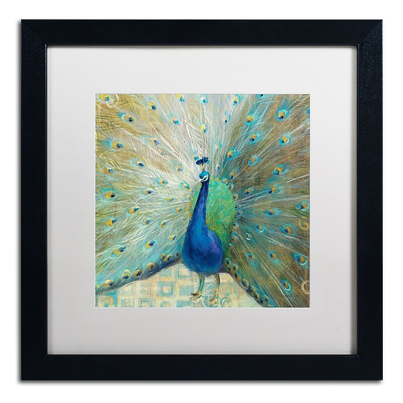 Trademark Danhui Nai "Blue Peacock on Gold" Art, White Matte W/Black Frame, 16" x 16" image 1