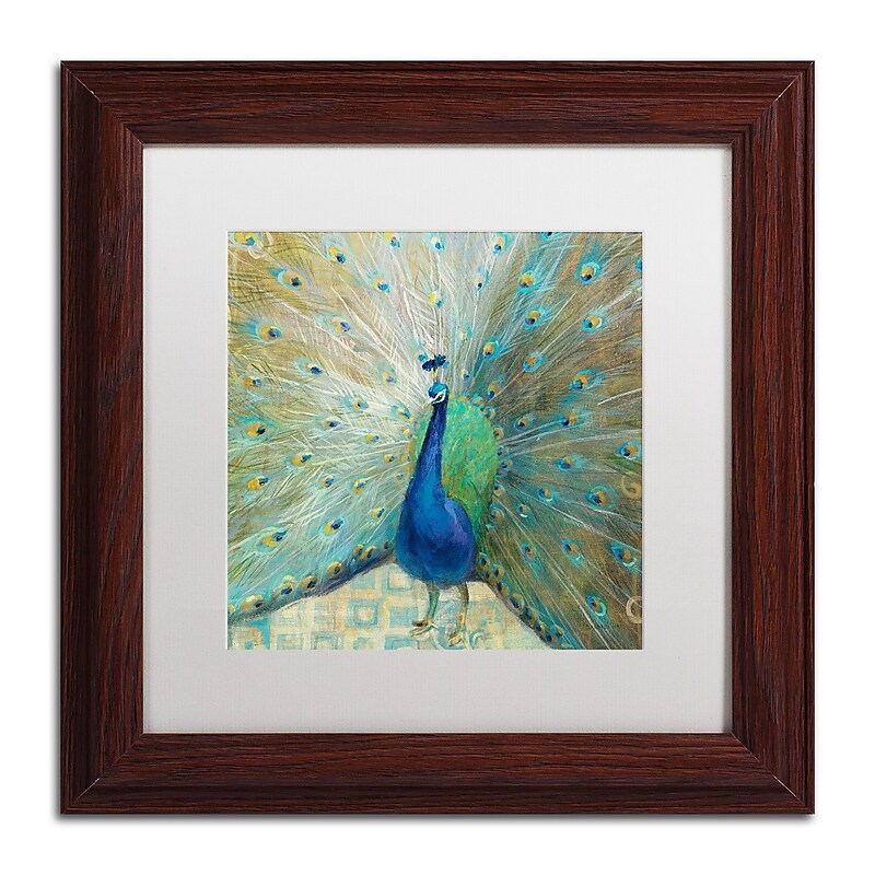Trademark Danhui Nai "Blue Peacock on Gold" Art, White Matte W/Wood Frame, 11" x 11" image 1