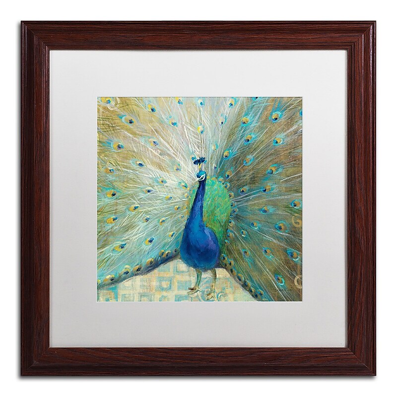 Trademark Danhui Nai "Blue Peacock on Gold" Art, White Matte W/Wood Frame, 16" x 16" image 1