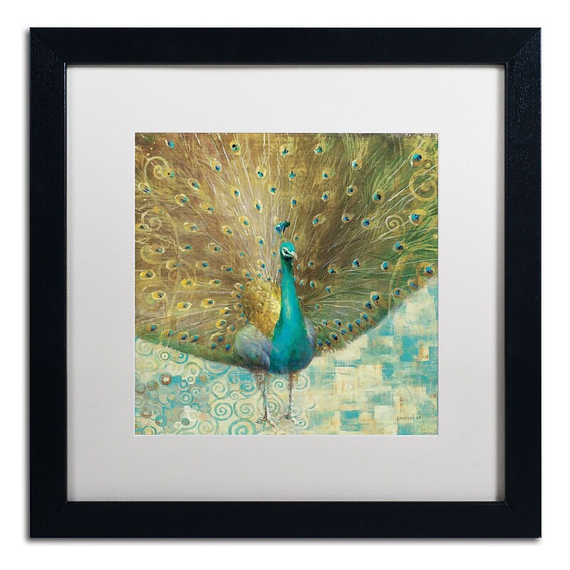 Trademark Danhui Nai "Teal Peacock on Gold" Art, White Matte W/Black Frame, 16" x 16" image 1