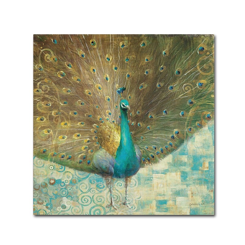 Trademark Danhui Nai "Teal Peacock on Gold" Gallery-Wrapped Canvas Art, 24" x 24" image 1