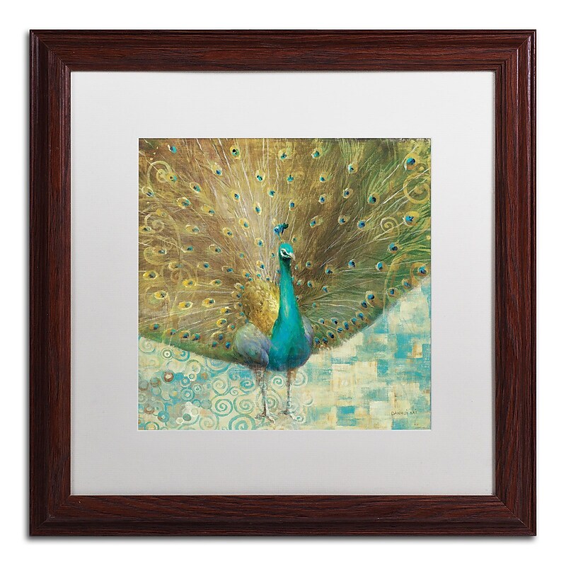 Trademark Danhui Nai "Teal Peacock on Gold" Art, White Matte W/Wood Frame, 16" x 16" image 1