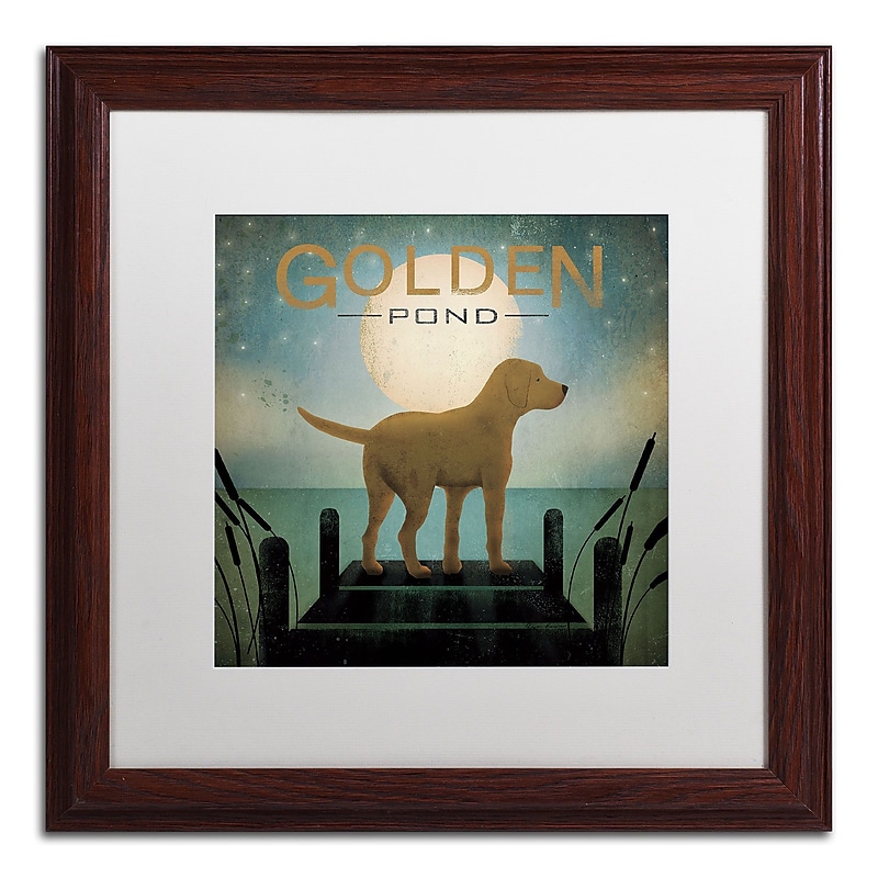 Trademark Ryan Fowler "Moonrise Yellow Dog Golden Pond" Art, White Matte With Wood Frame, 16" x 16" image 1