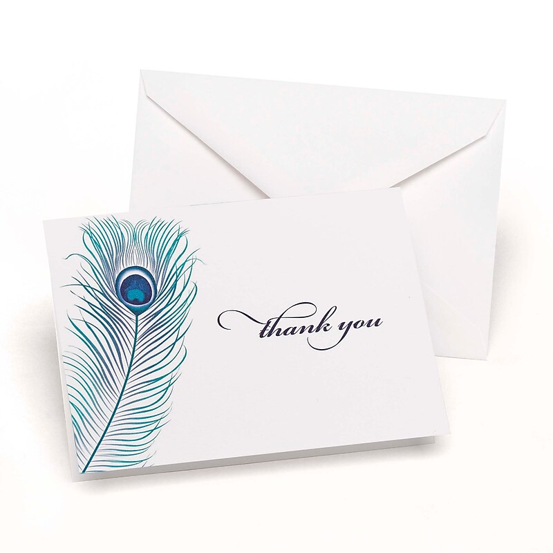 HBH™ 3 1/2" x 4 7/8" Peacock Feather Wedding Thank You Card, White/Navy, 50/Pack image 1