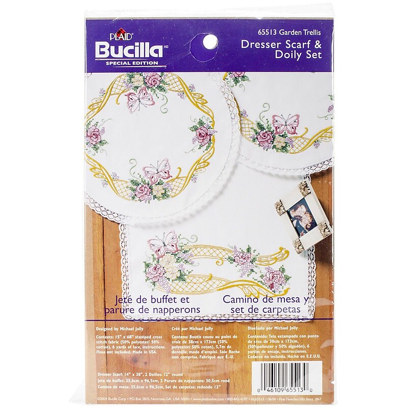 Bucilla® Garden Trellis Stamped Cross Stitch Kit, Dresser Scarf & Doilies image 1