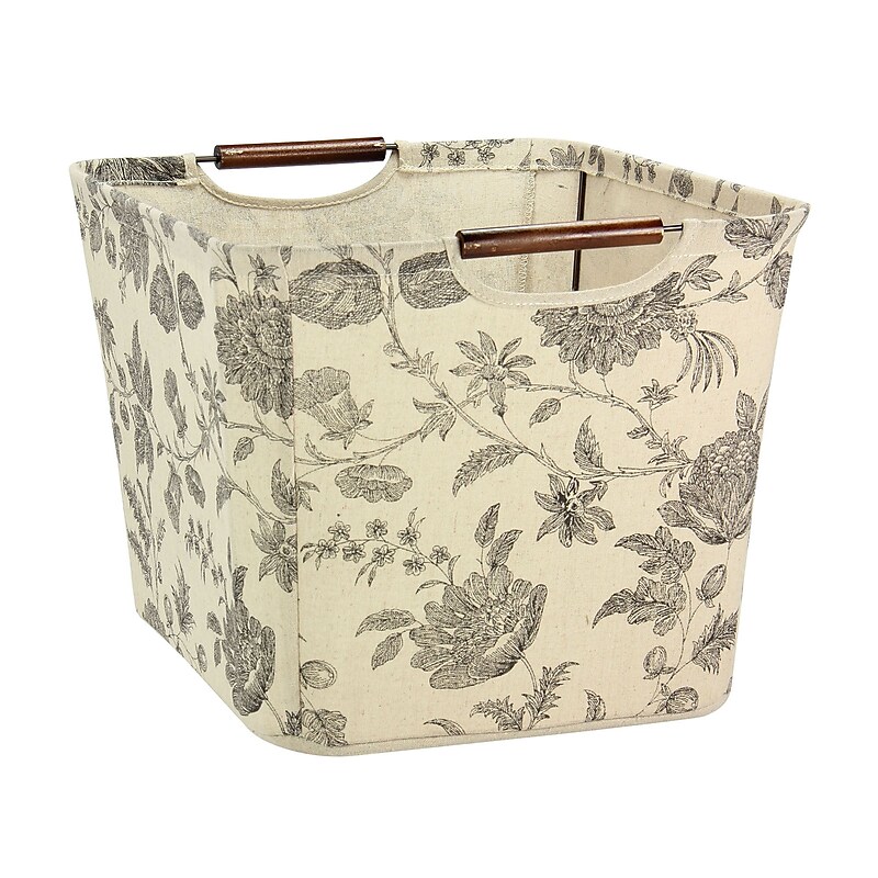 Household Essentials Medium Tapered Storage Bin with Wood Handles, Tan & Black Floral (616-1) image 1