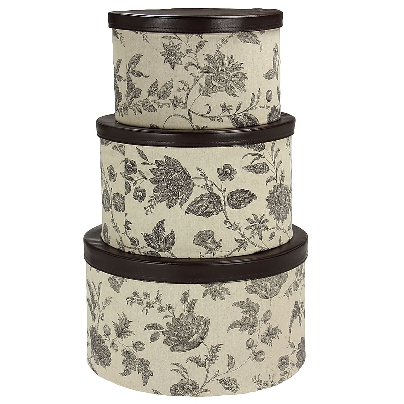Household Essentials Hat Box Set with Faux Leather Lids, Floral (619-1) image 1