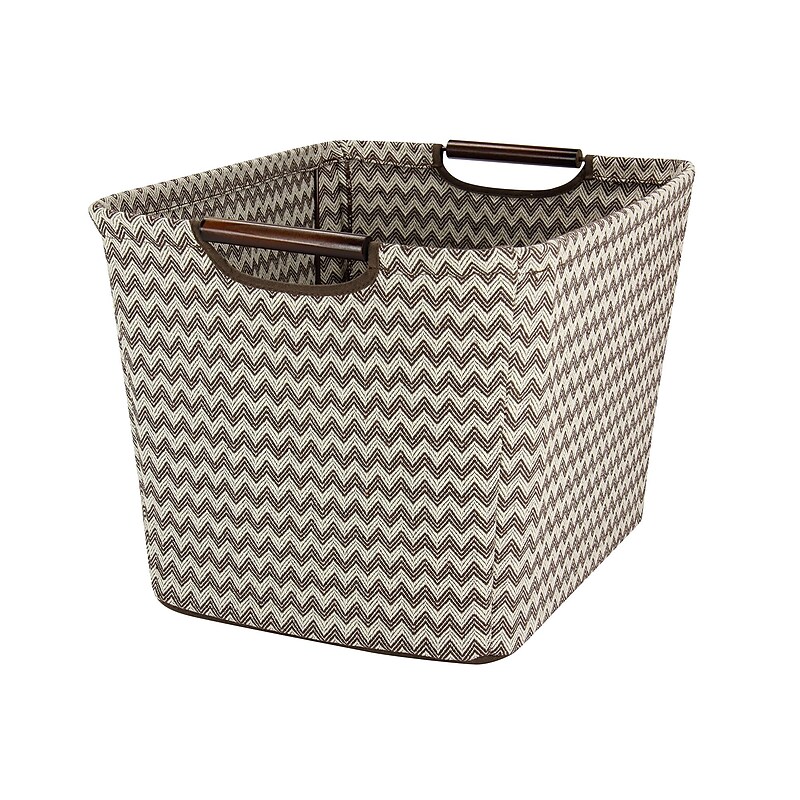 Household Essentials Medium Tapered Storage Bin with Wood Handles, Brown Chevron image 1