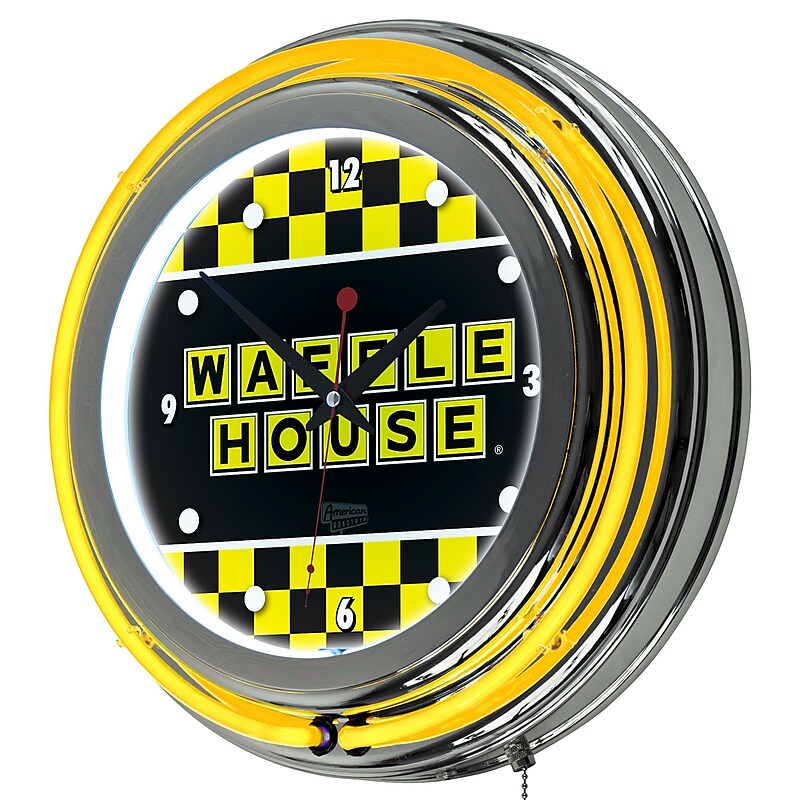 Trademark Global Waffle House AR1400-WAFF-C 14.5" Yellow Double Ring Neon Clock, Checkered image 1