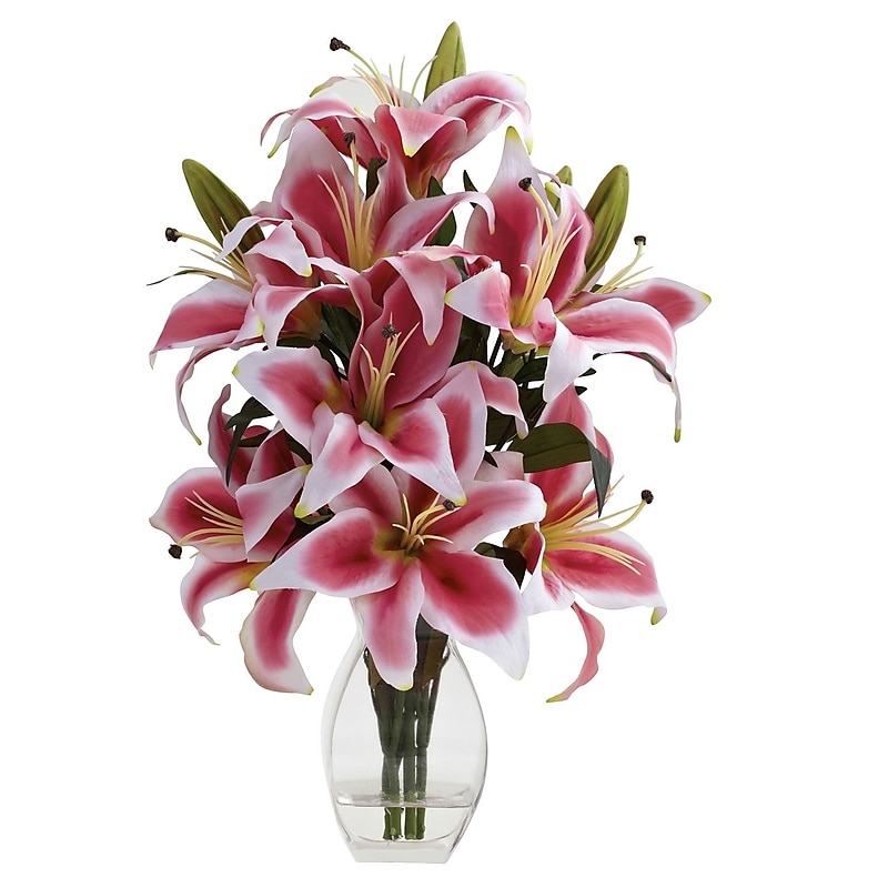 Nearly Natural 1343 Rubrum Lily with Decorative Vase Pink & White image 1