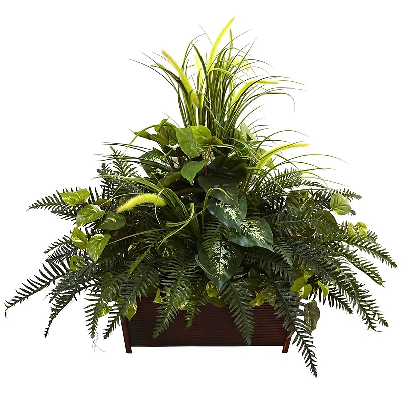 Nearly Natural 6792 Mixed Grass & River Fern with Wood Planter 36 x 37 inch image 1