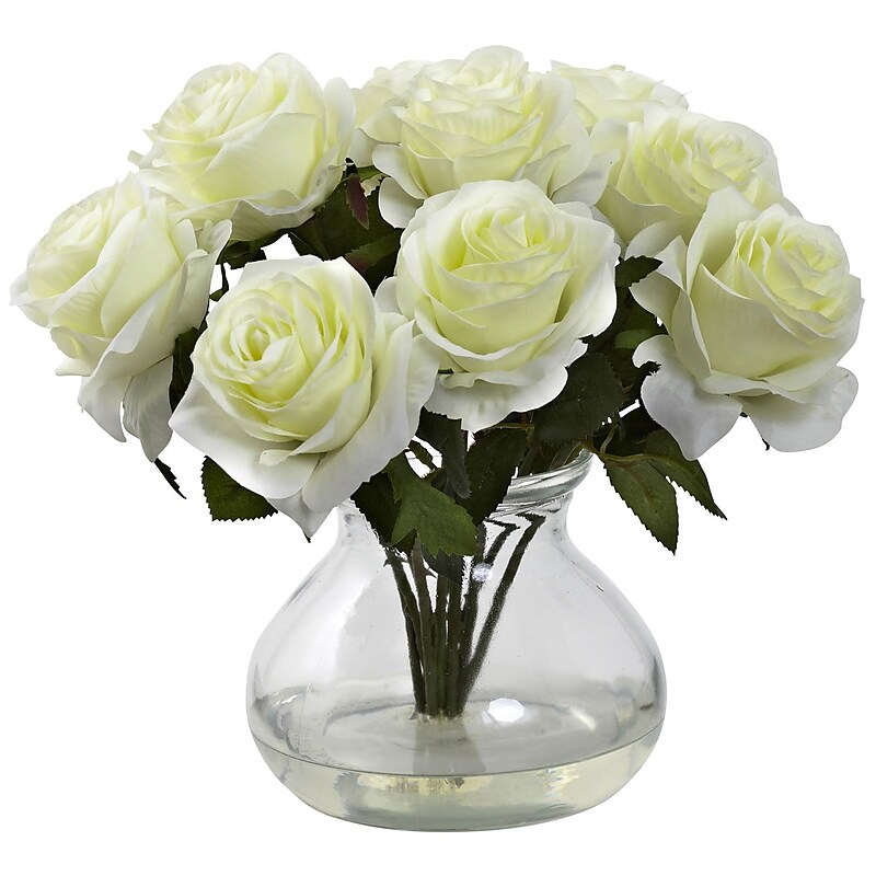 Nearly Natural 1367-WH Rose Arrangement with Vase, White image 1