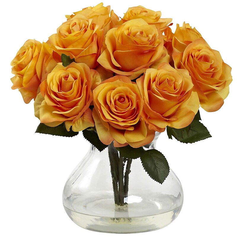 Nearly Natural 1367-OY Rose Arrangement with Vase, Yellow/Orange image 1