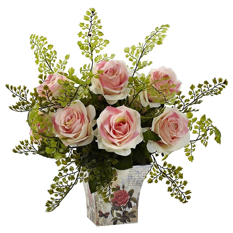 Nearly Natural 1379-LP Maiden Hair with Floral Planter, Light Pink image 1