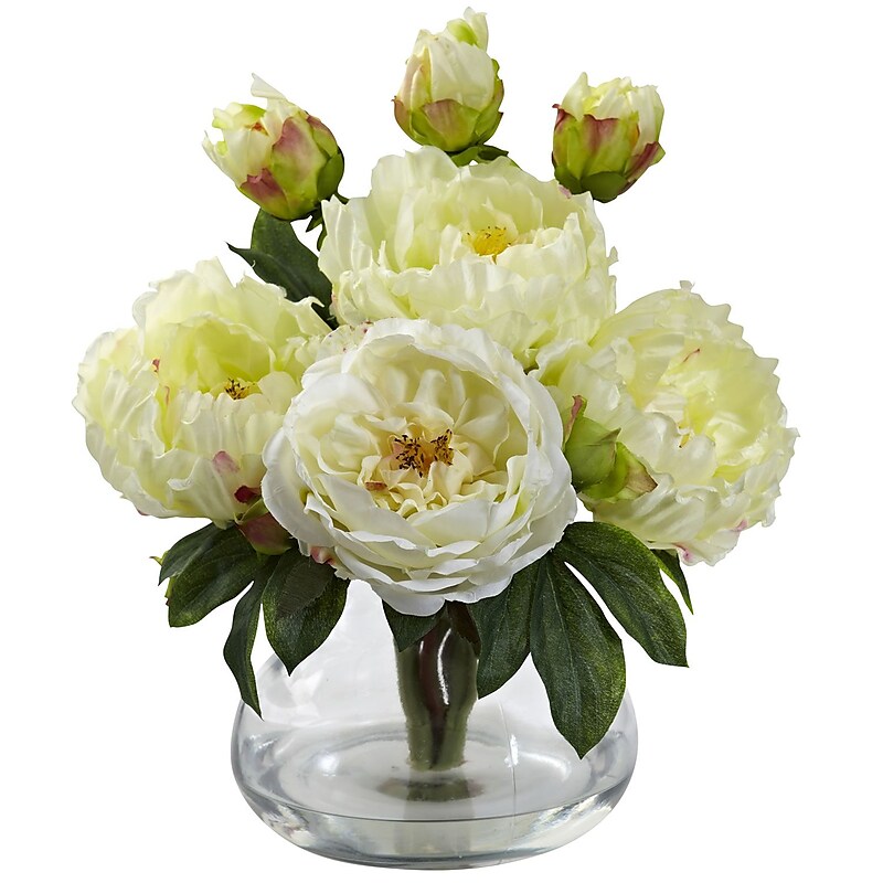 Nearly Natural 1400-WH Peony and Rose with Vase, White image 1