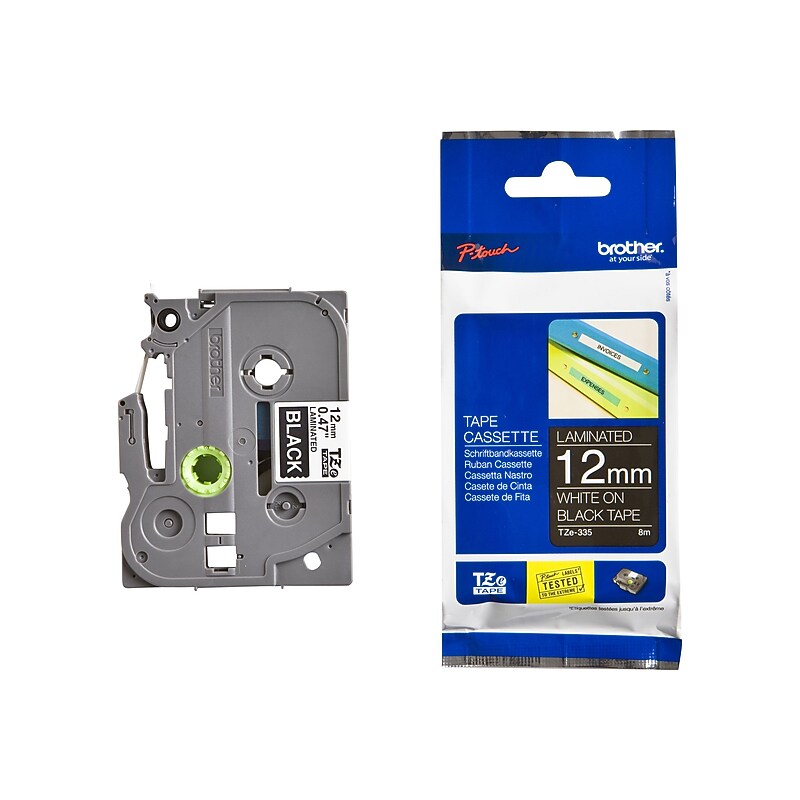 Brother TZe TZ-E335 Label Maker Tape, 1/2"W, White on Black image 1