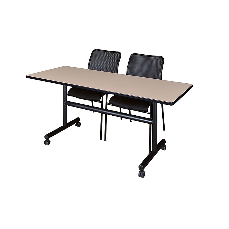Regency 60" Metal & Wood Flip Top Mobile Training Table with Mario Stack Chairs, Beige image 1