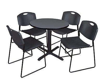 Regency Cain 30 Round Break Room Table Gray And 4 Zeng Stack Chairs Black Tb30rndgy44bk
