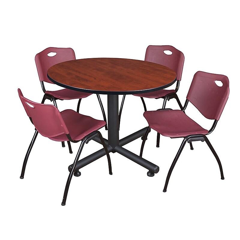 Regency 48" Round Table with 4 M Stacker Chairs, Burgundy with Cherry and Kobe Base (TKB48RNDCH47BY) image 1