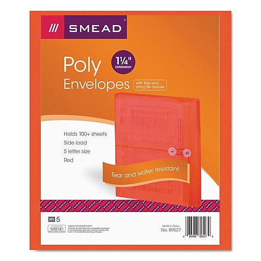Smead Plastic File Pocket, 1 1/4" Expansion, Letter Size, Red, 5/Each (SMD89527) Staples
