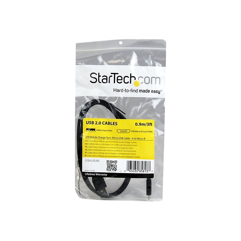 Startech® 3' USB Male/Micro USB Male Cable With Mobile Charge Sync, Black image 1
