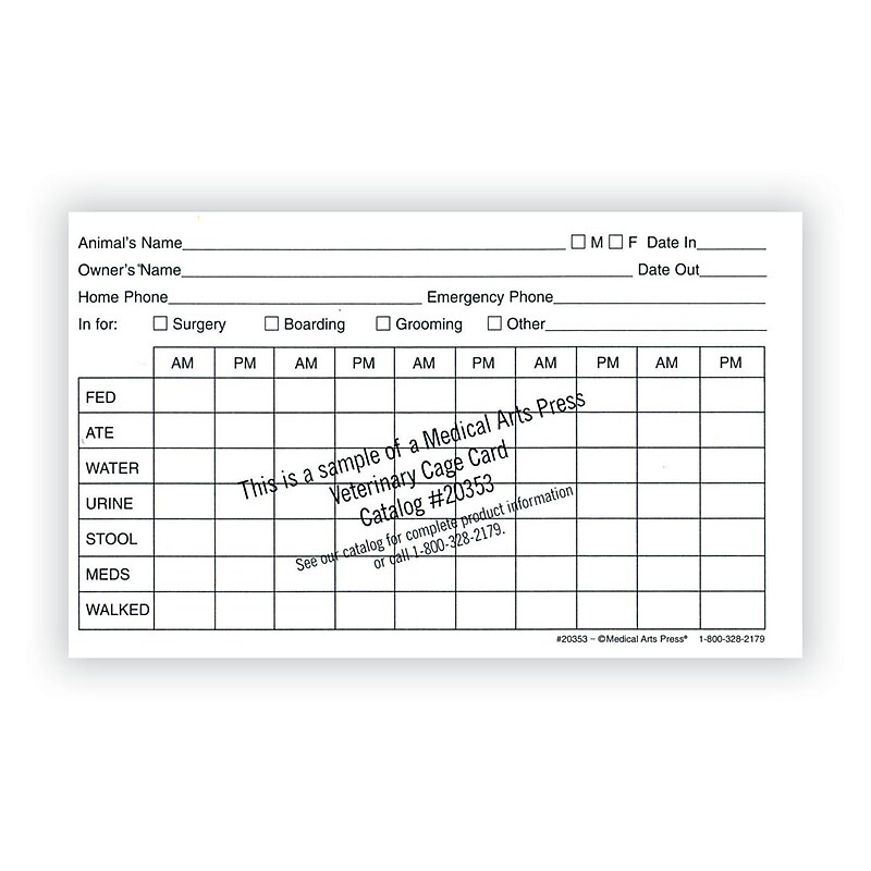 Medical Arts Press Vet Cage Card, Provides a Record of Twice Daily Care, 3 x 5", 250/Pack (20353) image 1