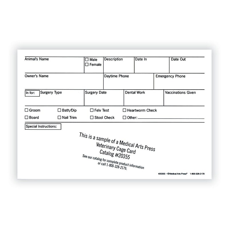 Medical Arts Press Vet Cage Card, Check Off Boxes for a Variety of Services, 4 x 6", 250/Pack (20355) image 1