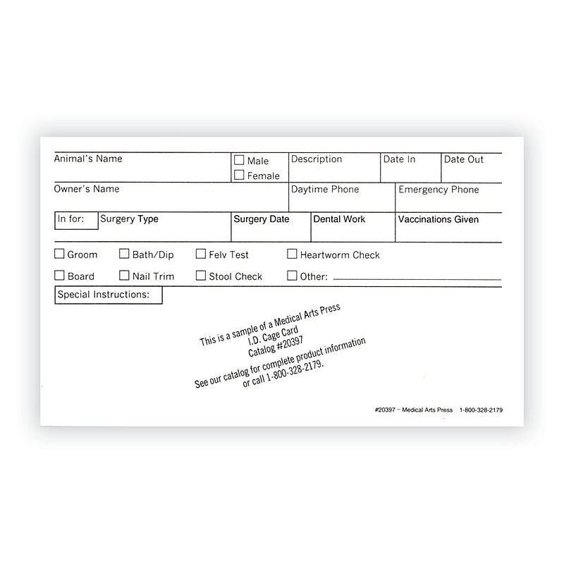 Medical Arts Press Vet Cage Card, Check Off Boxes for a Variety of Services, 3 x 5", 250/Pack (20397) image 1