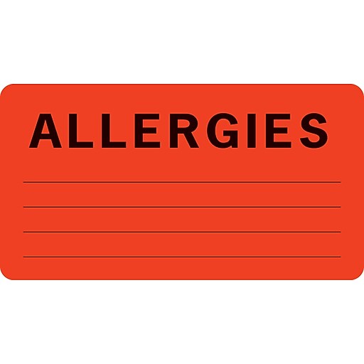 Allergy Warning Medical Labels; Allergies, Fluorescent Red, 13/4x31/4