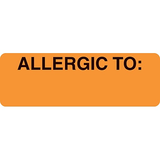 Allergy Warning Medical Labels; Allergic To, Fluorescent Orange, 1x3