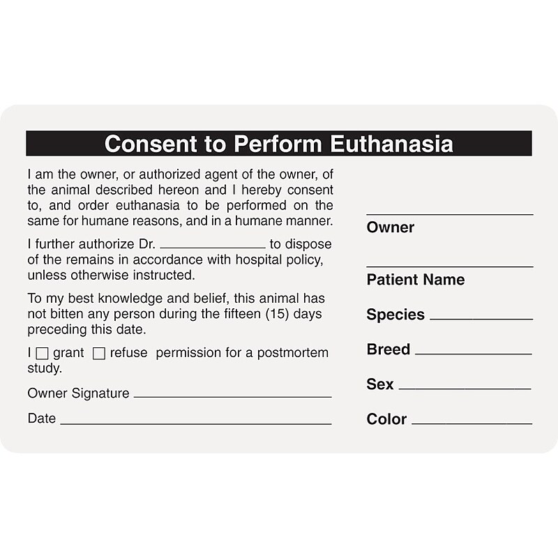 Veterinary Consent/Release Medical Labels, Consent/Euthanasia, White, 2-1/2x4", 100 Labels image 1