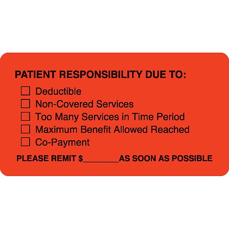 Patient Insurance Labels, Patient Responsibility, Fluorescent Red, 1-3/4x3-1/4", 500 Labels image 1