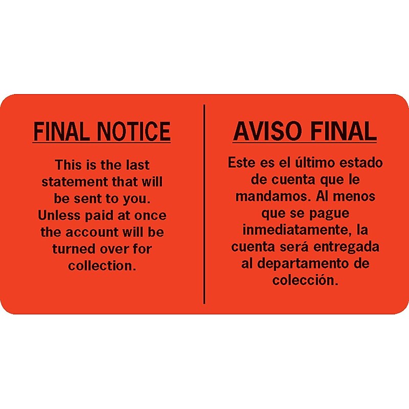 English/Spanish Collection Pre-Printed Labels, Final Notice, 1.75 x 3.25 inch, 500 Labels image 1