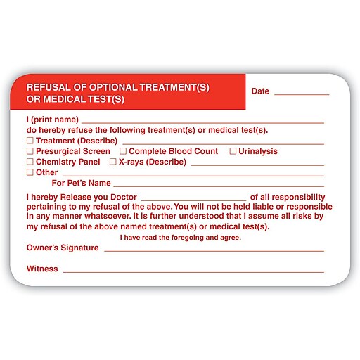 Veterinary Consent/Release Medical Labels, Refusal of Test, White, 2.5